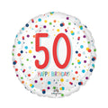 Foil balloon with '50 Happy Birthday!' text and colorful polka dots on a white background