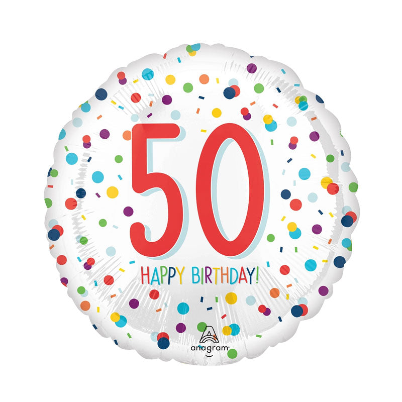 Foil balloon with '50 Happy Birthday!' text and colorful polka dots on a white background