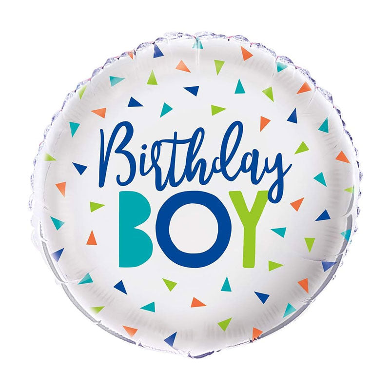 Round balloon with white background, multi-coloured triangle shapes and birthday boy in predominantly blue writing