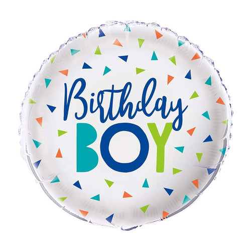 Round balloon with white background, multi-coloured triangle shapes and birthday boy in predominantly blue writing