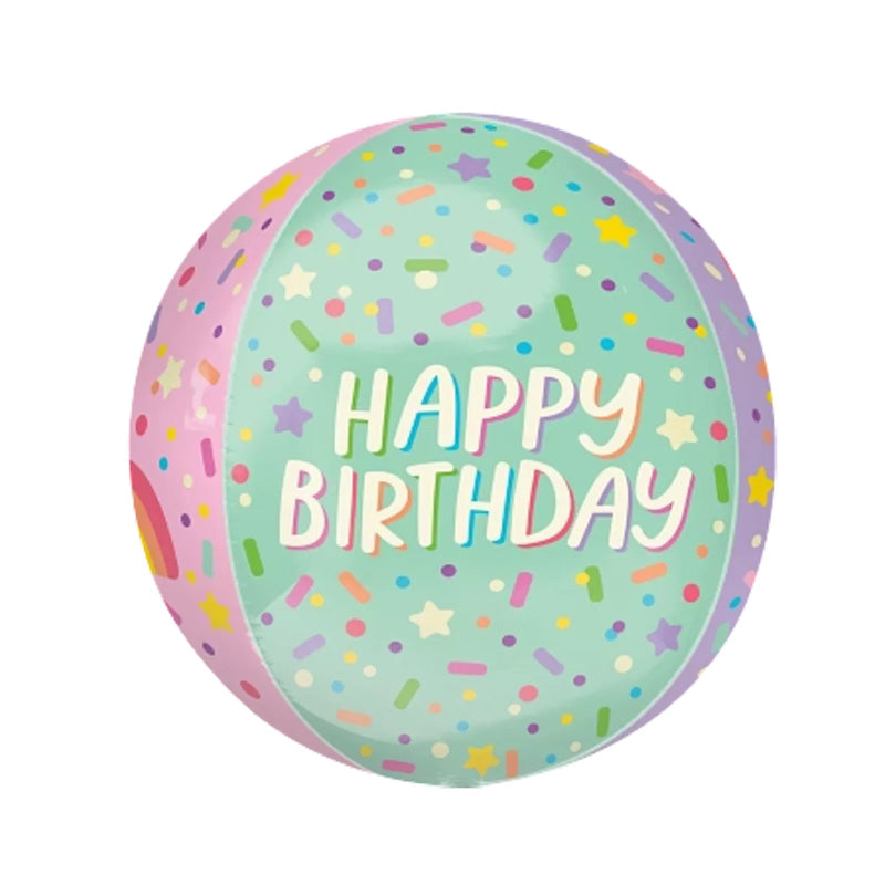 Beach ball shaped ballon in green, pink and lilac with confetti shaped design and happy birthday written on it.