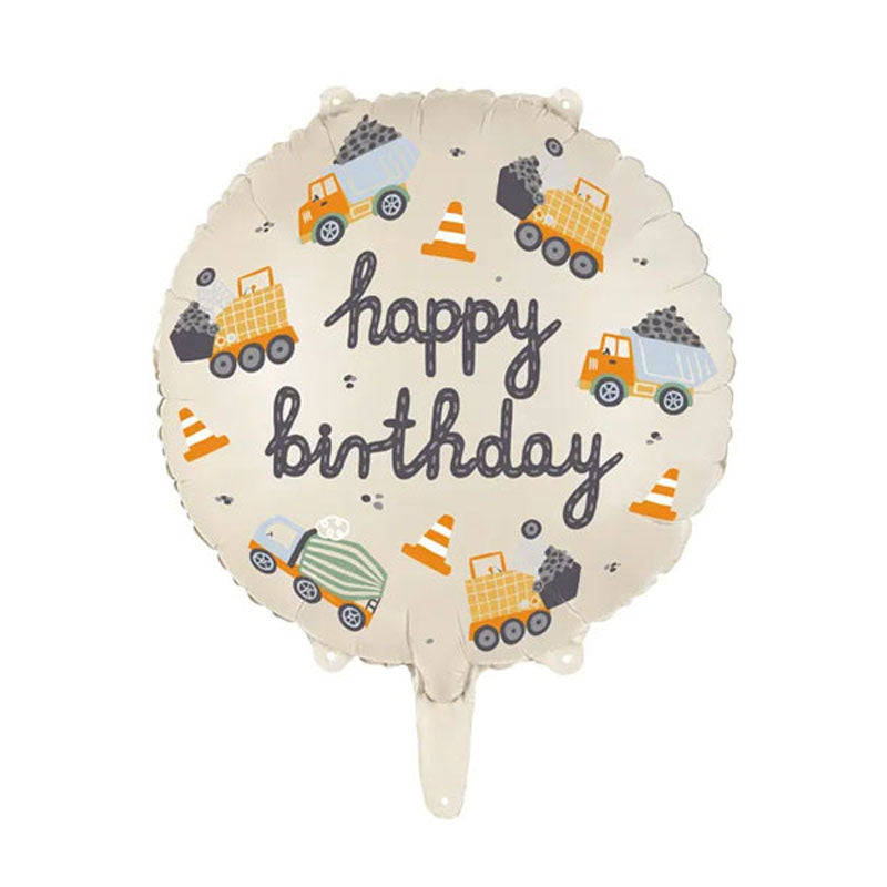 Beige background round balloon with orange-themed construction vehicles and a tarmac effect happy birthday text