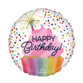 White background with dots helium balloon with colourful cupcake design and 'Happy Birthday' printed on it