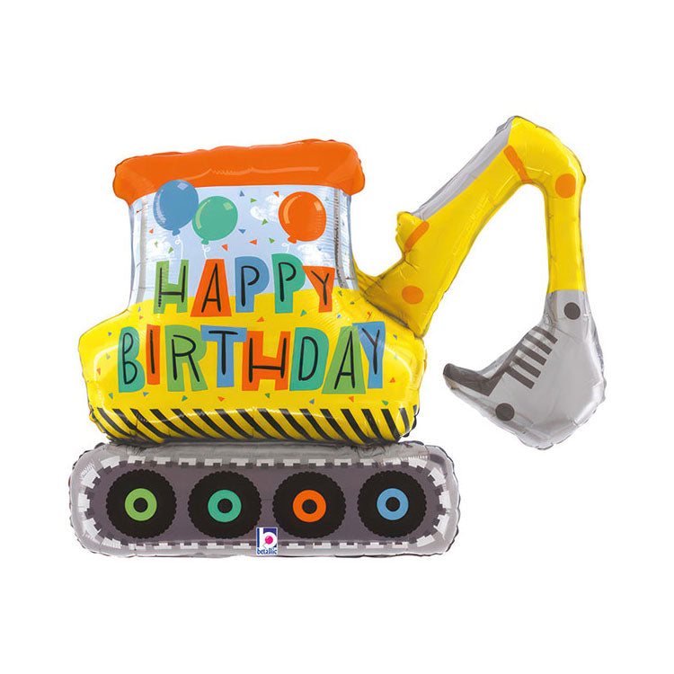 Balloon shaped like a digger with 'Happy Birthday' text on the side