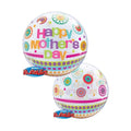 Clear ball shaped balloon with 60s vibes, with dots and colourful patterns across the face.