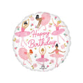 White background round balloon featuring primarily pink illustrations of ballerinas with happy birthday printed in pink writing in the middle of the balloon.