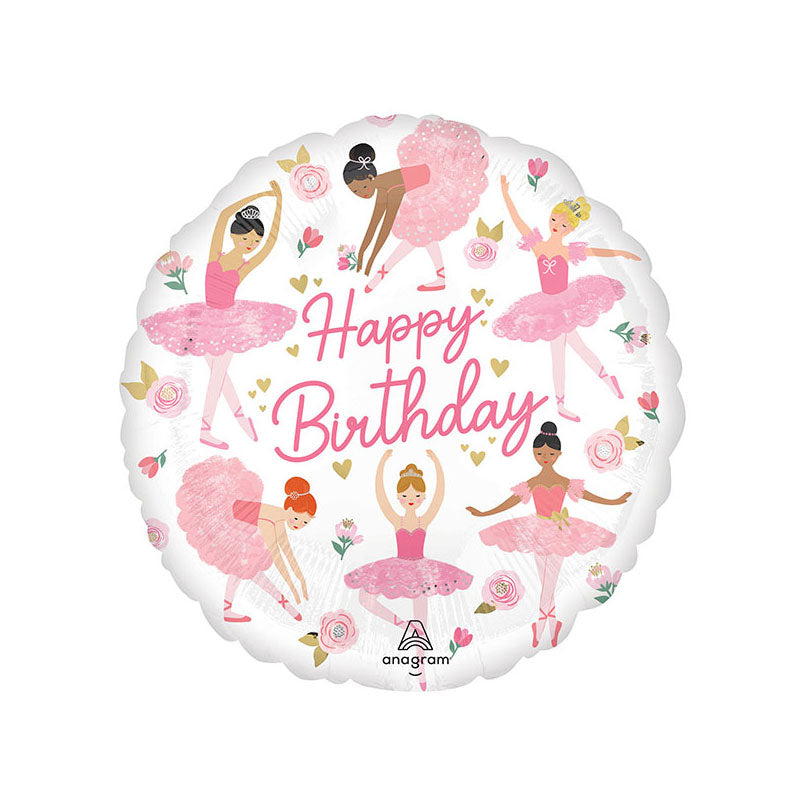 White background round balloon featuring primarily pink illustrations of ballerinas with happy birthday printed in pink writing in the middle of the balloon.