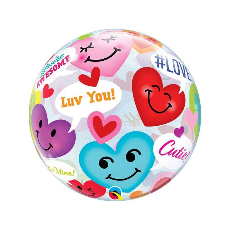 Colorful bubble (ball) balloon with heart-shaped smiley faces and text on a white background