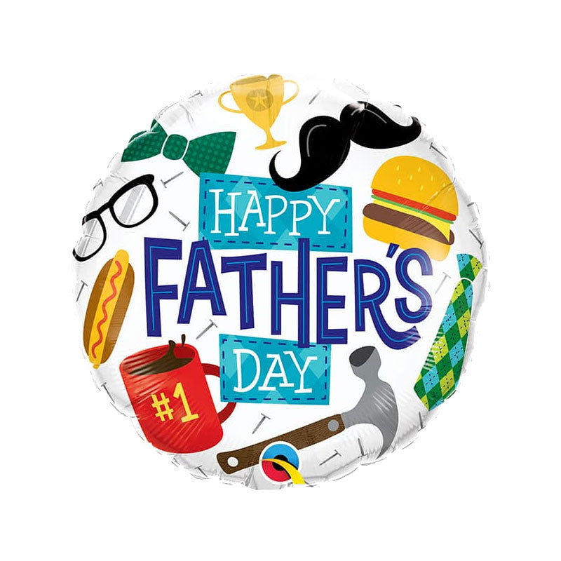 White round balloon featuring a Happy Father's Day message and illustrations around it like burger, coffee cup, trophy and more.