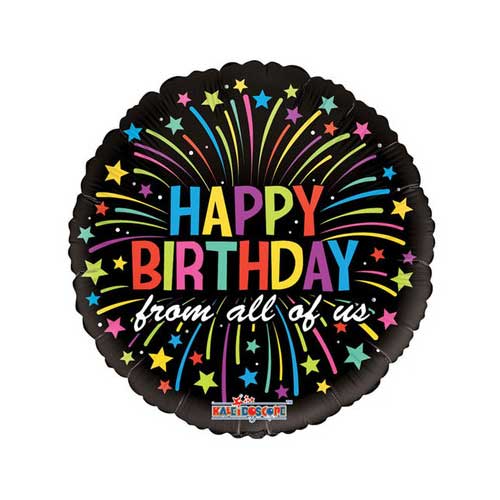 Fireworks design balloon with 'Happy Birthday from all of us' text on it