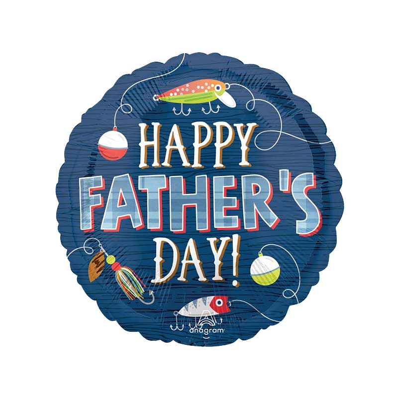 Dark blue round balloon featuring fishing wire and hooks with 'HAPPY FATHER'S DAY' printed in the middle