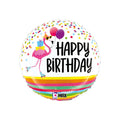 Colorful birthday balloon with a flamingo design and 'Happy Birthday' text on a white background.
