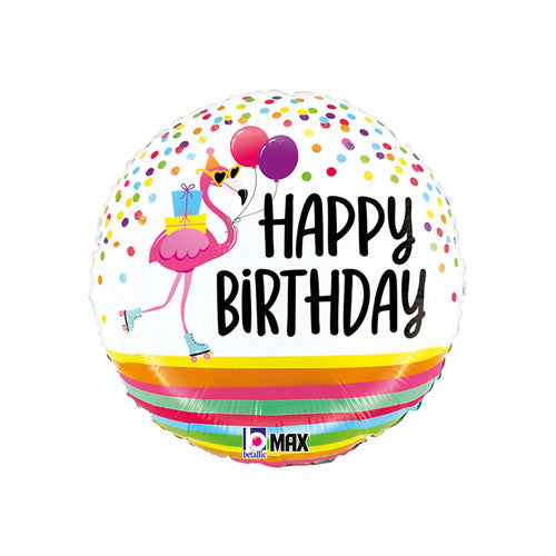 Colorful birthday balloon with a flamingo design and 'Happy Birthday' text on a white background.