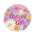 Flower themed birthday round balloon with 'Birthday Girl' printed in hot pink text.