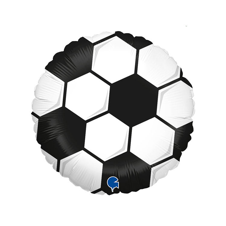 Football-shaped round balloon with black and white pattern on a white background