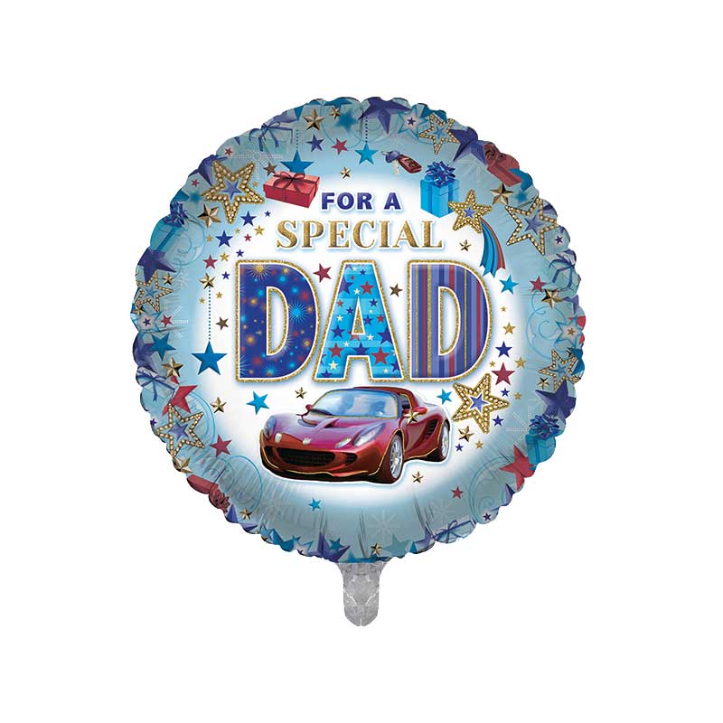 Round balloon with 'For a special DAD' and a sports car on the front and back