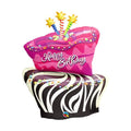 Inflatable birthday cake with pink top and zebra pattern base on a white background