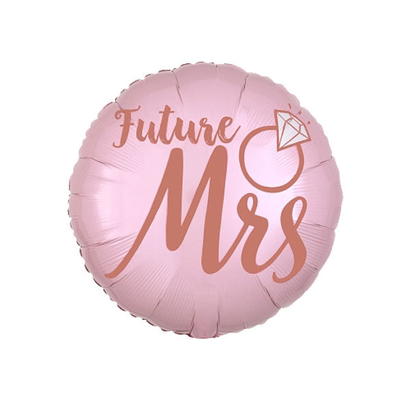 Pink round balloon with Future Mrs in gold writing and an icon of a diamond ring