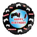 Round balloon with black surrounding background and blue centre, featuring gaming controllers and red headphones with happy birthday written in red low pixel design text.