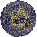 Navy blue balloon with gold glitter and 'Happy Birthday' text