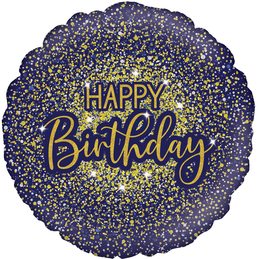 Navy blue balloon with gold glitter and 'Happy Birthday' text