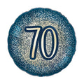 Blue glittery balloon with the number 70 on a white background