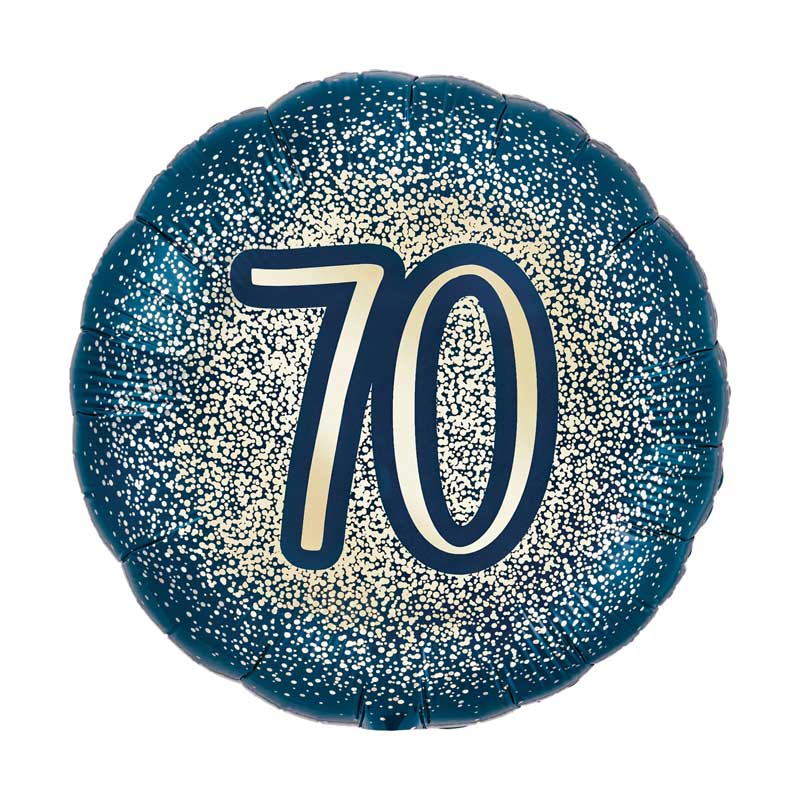 Blue glittery balloon with the number 70 on a white background