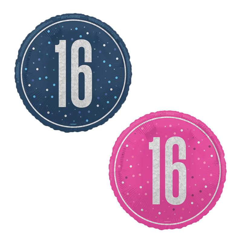 Two round balloons, one blue and one pink, with the number 16 on a white background.