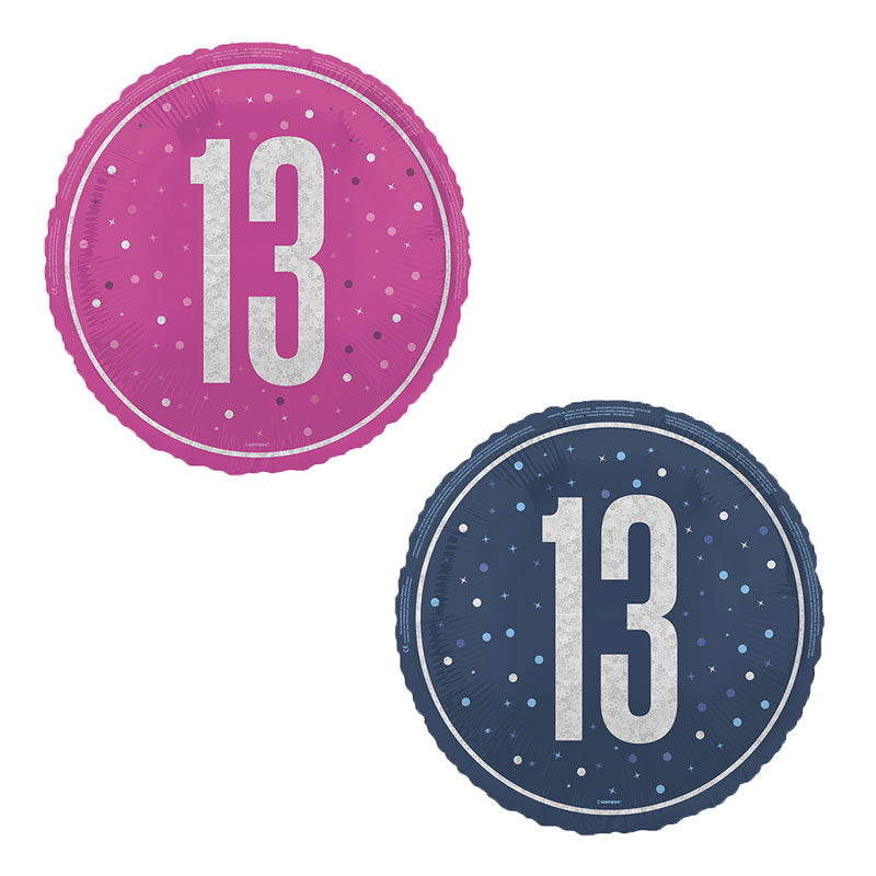 Two round balloons with the number 13 on a white background, one pink and one blue.