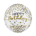 Round ball shaped 15-inch happy birthday balloon featuring gold and black dots and 'birthday' in gold.