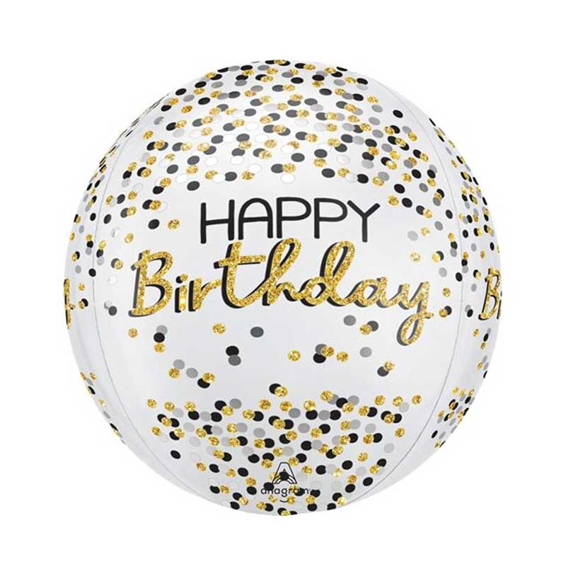 Round ball shaped 15-inch happy birthday balloon featuring gold and black dots and 'birthday' in gold.