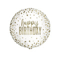 Round white balloon with gold confetti and 'happy birthday' text on a white background