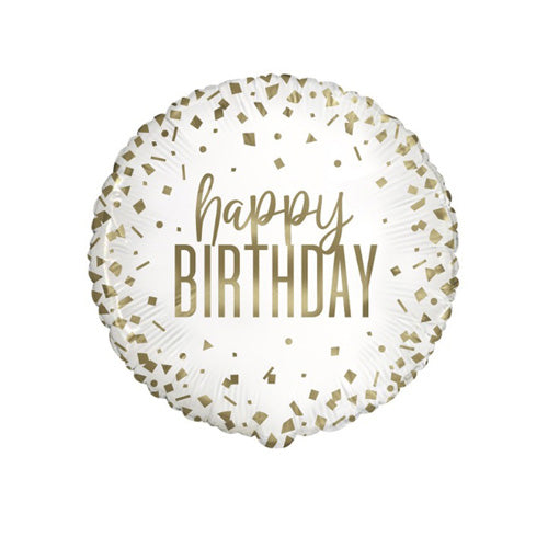 Round white balloon with gold confetti and 'happy birthday' text on a white background