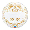Decorative transparent ball-shaped balloon with gold patterns and 'Happy Anniversary' text