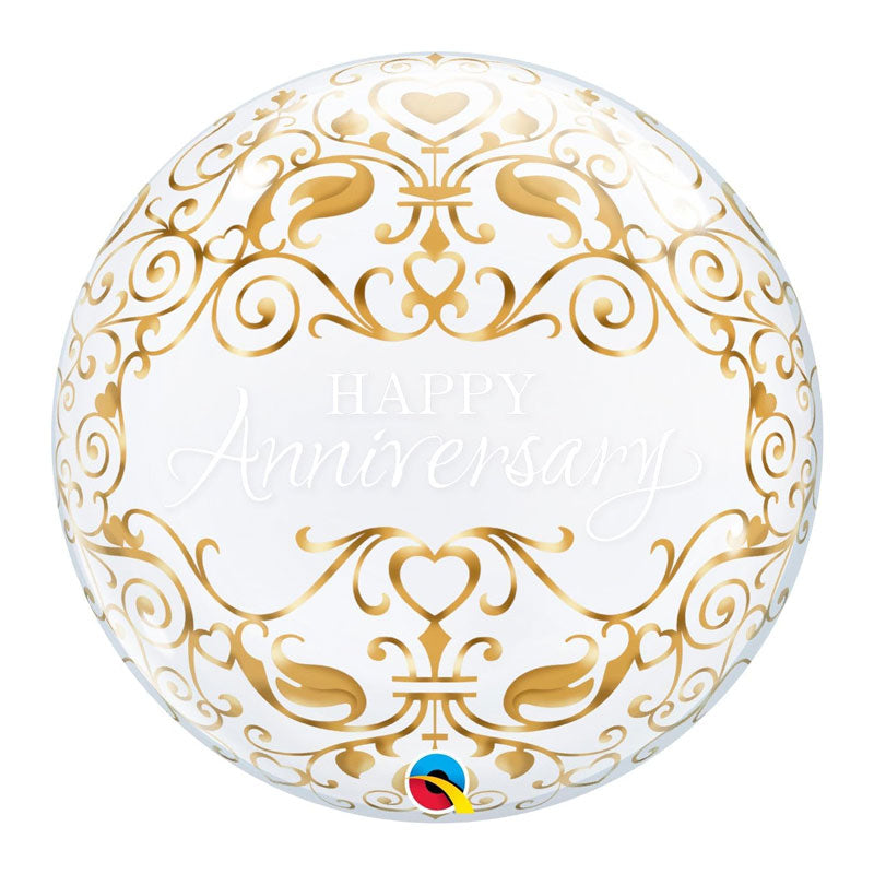 Decorative transparent ball-shaped balloon with gold patterns and 'Happy Anniversary' text