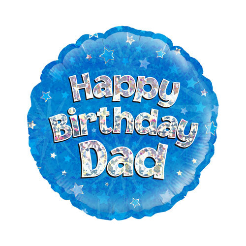 18-inch helium balloon in blue with silver lettering saying 'Happy Birthday Dad'