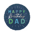Dark blue helium balloon with 'Happy Birthday Dad' lettering in green, silver and light blue.