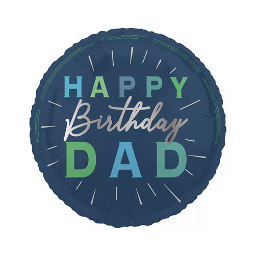 Dark blue helium balloon with 'Happy Birthday Dad' lettering in green, silver and light blue.