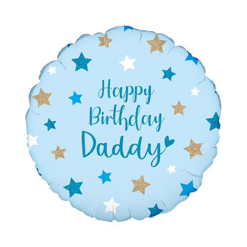 Blue birthday balloon with white, gold and dark blue stars and 'Happy Birthday Daddy' text in dark blue