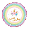 Unicorn-themed birthday balloon with rainbow border and 'happy birthday' text on a white background