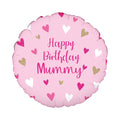 Pink birthday balloon with 'Happy Birthday Mummy' text and heart patterns on a light pink background