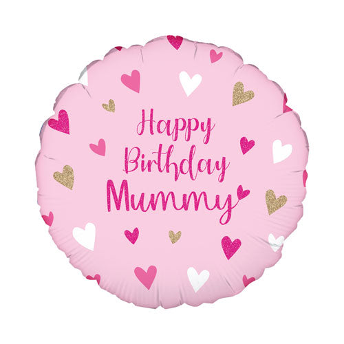 Pink birthday balloon with 'Happy Birthday Mummy' text and heart patterns on a light pink background