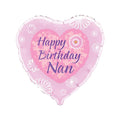 Heart-shaped pink balloon with 'Happy Birthday Nan' text on it