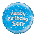 Blue birthday balloon with 'Happy Birthday Son' text with a holographic effect in silver