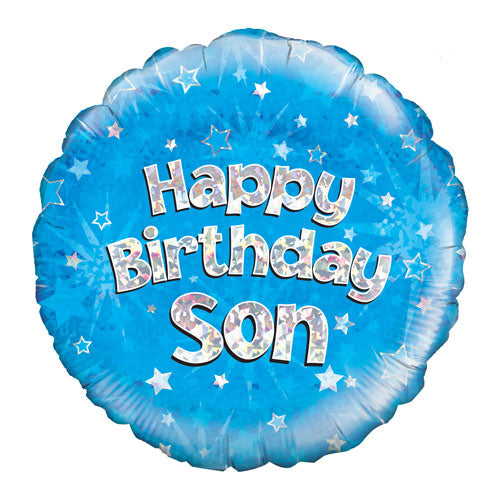 Blue birthday balloon with 'Happy Birthday Son' text with a holographic effect in silver