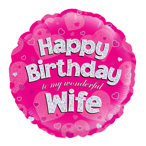Pink balloon with 'Happy Birthday to my wonderful Wife' text
