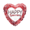 Red heart balloon with silver floral pattern around the outer part and a silver centre with red writing of Happy Anniversary