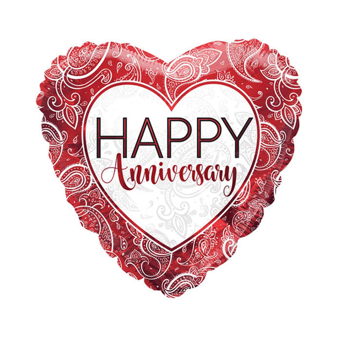 Red heart balloon with silver floral pattern around the outer part and a silver centre with red writing of Happy Anniversary
