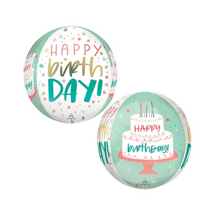 Happy birthday cake orbz ball balloon with 2 designs on alternating quarters