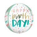 Orbz ball helium balloon 15-inch with a birthday cake and candles printed on it